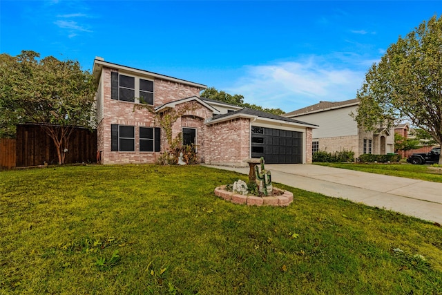 front facade featuring a garage and a front lawn