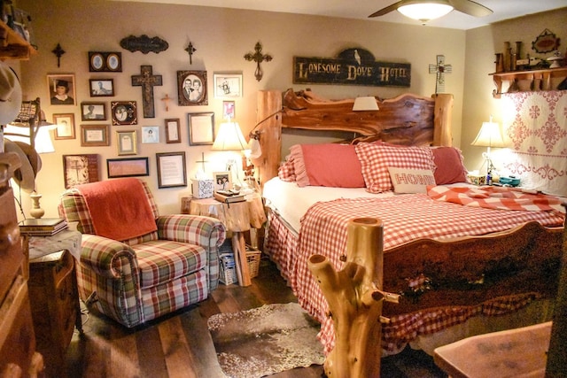 bedroom featuring dark wood-type flooring and ceiling fan