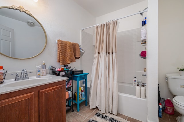 full bathroom with vanity, toilet, tile patterned floors, and shower / bathtub combination with curtain