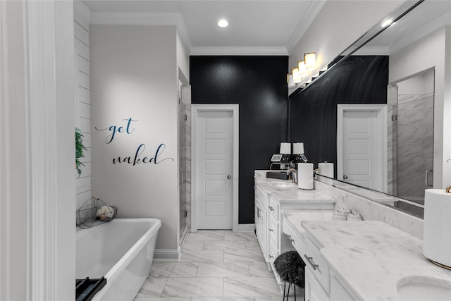 bathroom with vanity, shower with separate bathtub, and ornamental molding