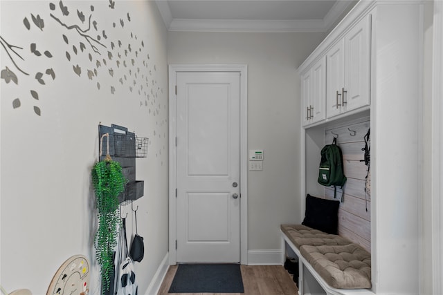 mudroom featuring ornamental molding and hardwood / wood-style floors