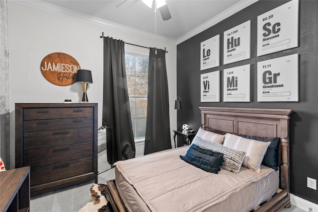 bedroom featuring ornamental molding, light carpet, and ceiling fan