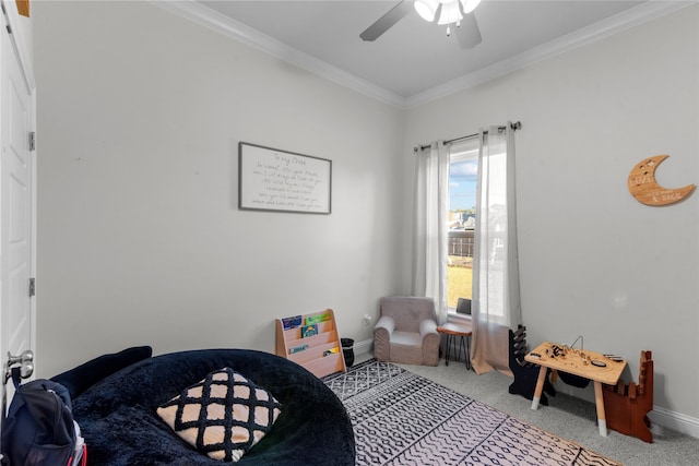 bedroom with ceiling fan, crown molding, and light colored carpet