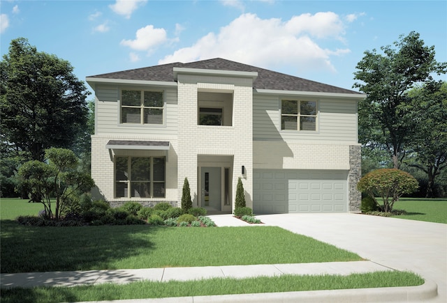 view of front of home featuring a front yard and a garage