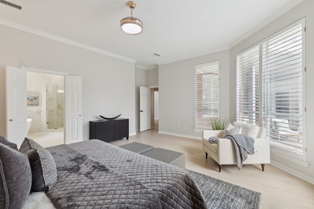 bedroom with connected bathroom, crown molding, and light wood-type flooring