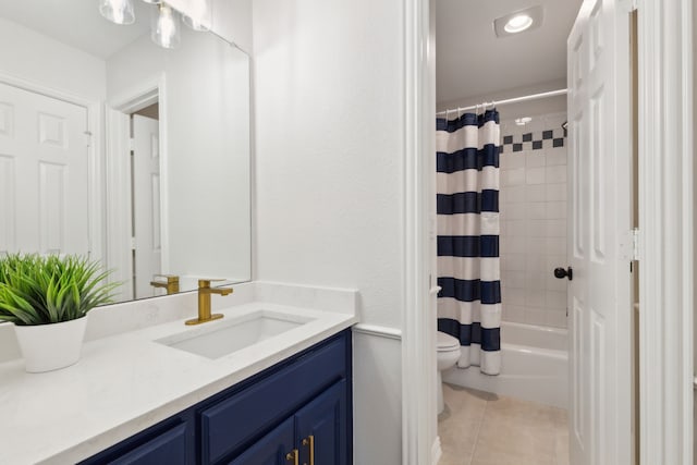 full bathroom with vanity, toilet, tile patterned floors, and shower / bathtub combination with curtain