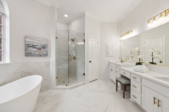 bathroom featuring vanity, crown molding, tile walls, and separate shower and tub