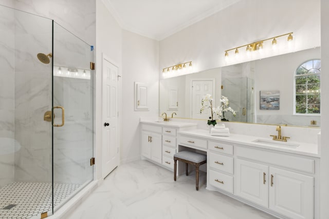 bathroom featuring vanity, ornamental molding, and a shower with shower door