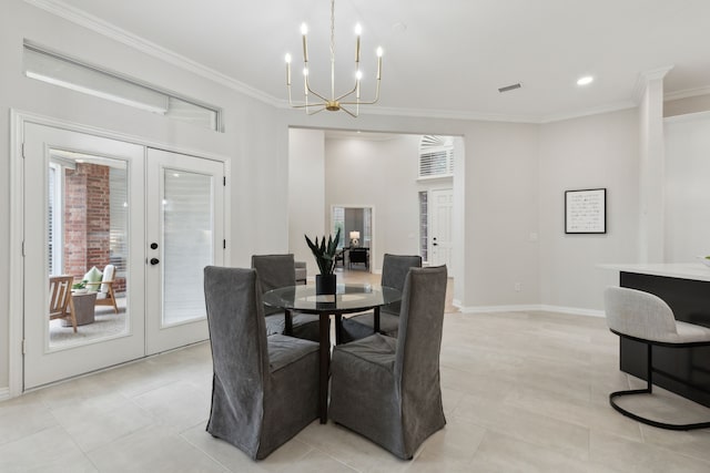 tiled dining room featuring french doors, ornamental molding, and a chandelier