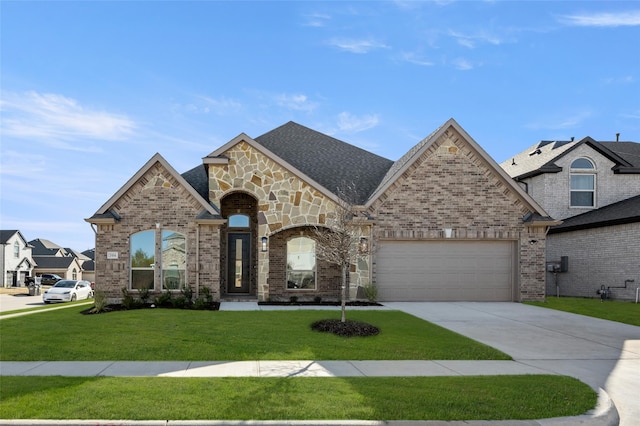 view of front facade with a front yard and a garage