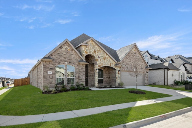 view of front of home featuring a front yard and a garage