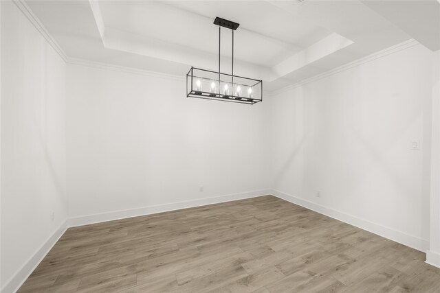 unfurnished dining area featuring hardwood / wood-style floors and a raised ceiling