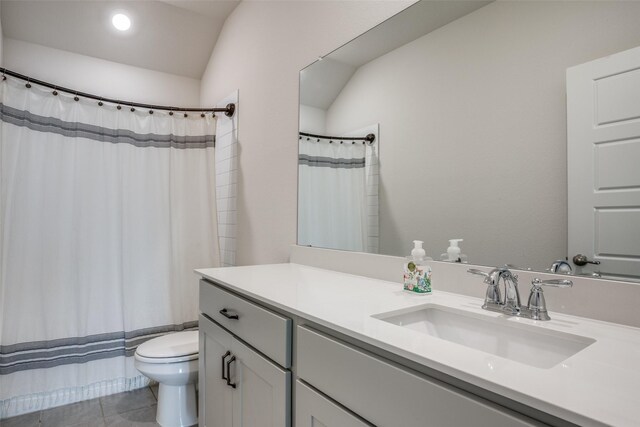 2608 Hale Rd, Celina, TX 75009 - bathroom featuring vanity, tile patterned floors, a shower with curtain, recessed lighting, and lofted ceiling