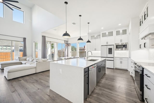 kitchen with white cabinetry, appliances with stainless steel finishes, sink, and a kitchen island with sink