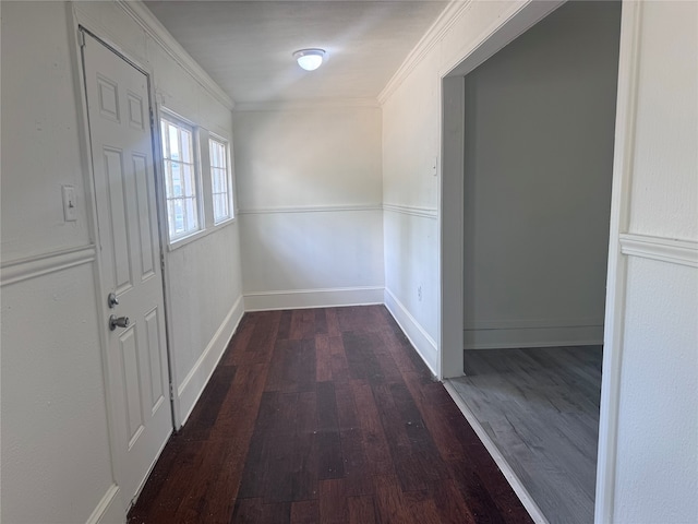 hall with crown molding and dark hardwood / wood-style floors