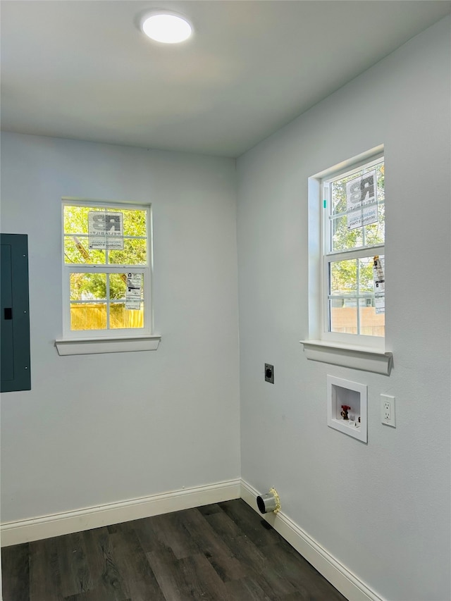 laundry room with hookup for a washing machine, electric dryer hookup, electric panel, and dark hardwood / wood-style floors