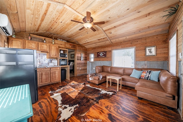 living area featuring lofted ceiling, wooden ceiling, wood walls, a wall mounted air conditioner, and dark wood finished floors