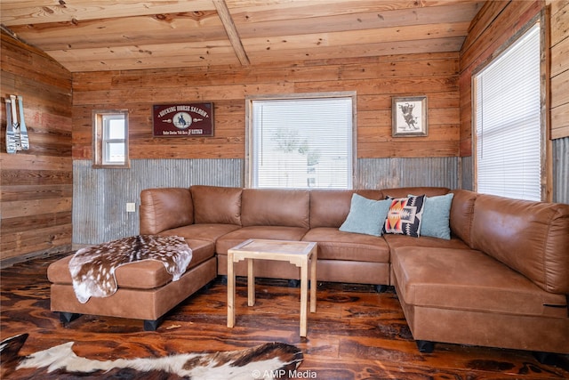 living area featuring wood ceiling, wood walls, and wood finished floors