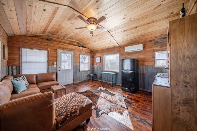 living room with lofted ceiling, wooden ceiling, wooden walls, hardwood / wood-style floors, and a wall mounted air conditioner