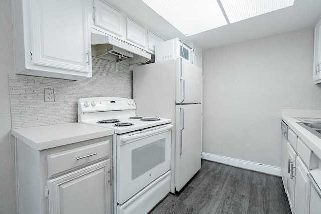 kitchen featuring white cabinets, tasteful backsplash, white electric range, and dark hardwood / wood-style floors