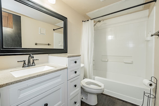 full bathroom with vanity, toilet, wood-type flooring, and shower / tub combo with curtain