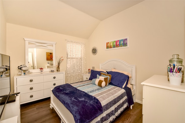 bedroom featuring dark wood-type flooring and lofted ceiling