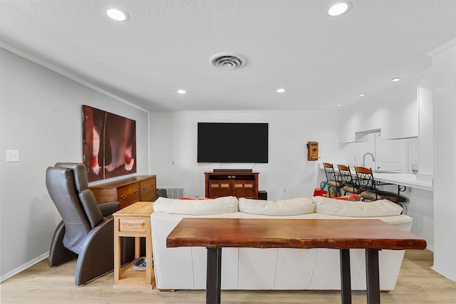 living room featuring crown molding, light hardwood / wood-style flooring, and a textured ceiling