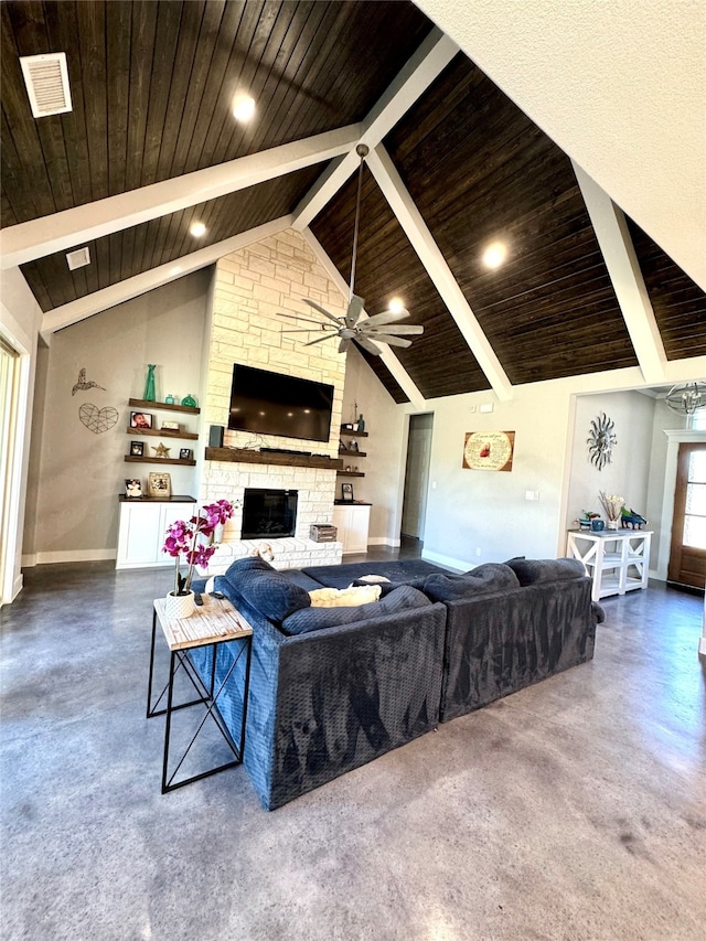 living room with a stone fireplace, ceiling fan, wooden ceiling, beam ceiling, and high vaulted ceiling