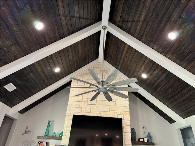 room details with ceiling fan, beamed ceiling, and wooden ceiling