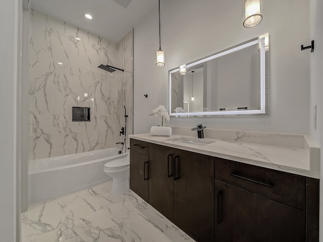 full bathroom with toilet, tiled shower / bath combo, and vanity