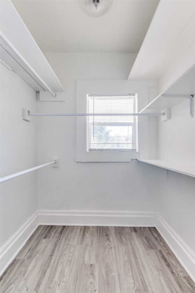 walk in closet with light hardwood / wood-style flooring