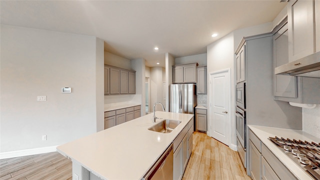 kitchen with decorative backsplash, a kitchen island with sink, sink, appliances with stainless steel finishes, and light hardwood / wood-style floors