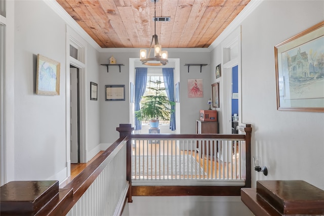 corridor with crown molding, wooden ceiling, and an inviting chandelier