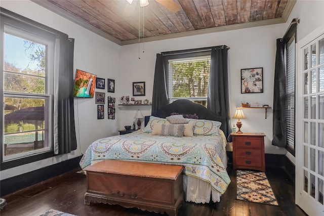 bedroom with multiple windows, dark wood-type flooring, ceiling fan, and wooden ceiling