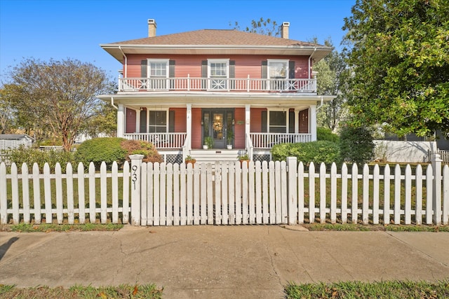 colonial-style house featuring a porch and a balcony