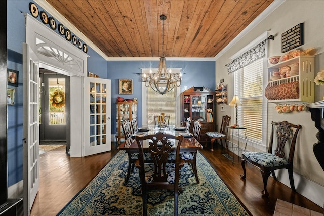 dining area with wood ceiling, dark wood-type flooring, and french doors