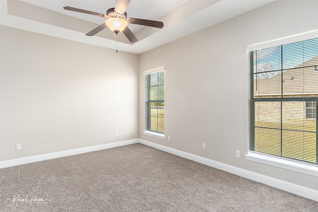 unfurnished room with carpet, ceiling fan, and a raised ceiling