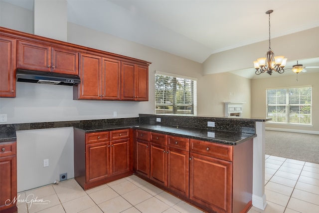 kitchen featuring vaulted ceiling, a wealth of natural light, dark stone counters, and light tile patterned floors