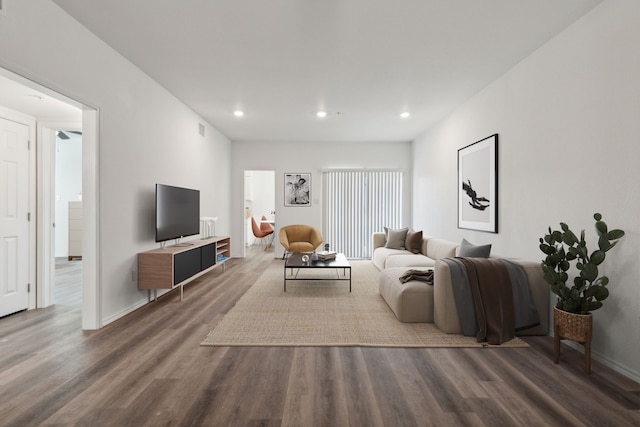 living room featuring dark wood-type flooring