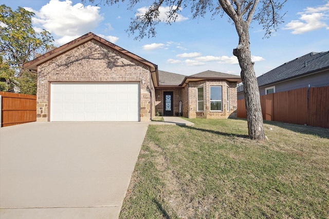 single story home with brick siding, concrete driveway, a garage, and roof with shingles