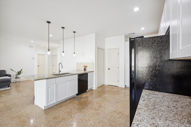 kitchen featuring kitchen peninsula, sink, black appliances, decorative light fixtures, and white cabinetry