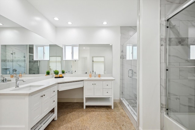 bathroom featuring a shower stall, recessed lighting, vanity, and baseboards