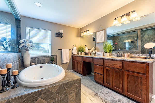 bathroom with vanity, separate shower and tub, and tile patterned flooring