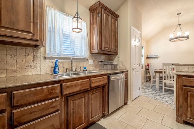 kitchen featuring hanging light fixtures, lofted ceiling, sink, and stainless steel dishwasher