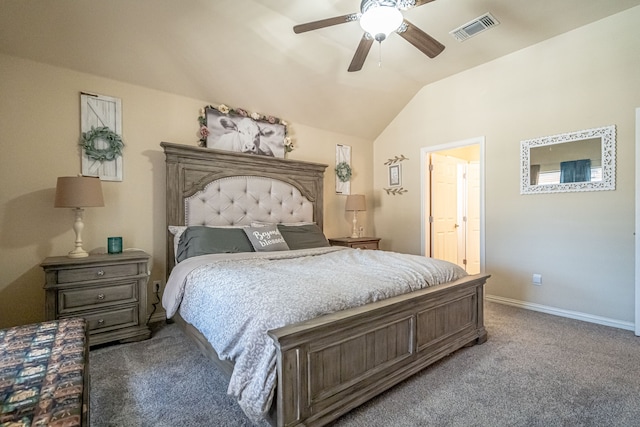 carpeted bedroom featuring lofted ceiling and ceiling fan