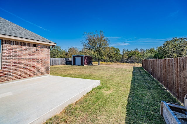 view of yard with a storage shed and a patio area