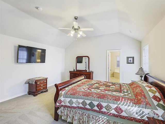 bedroom with vaulted ceiling, a ceiling fan, baseboards, and carpet floors