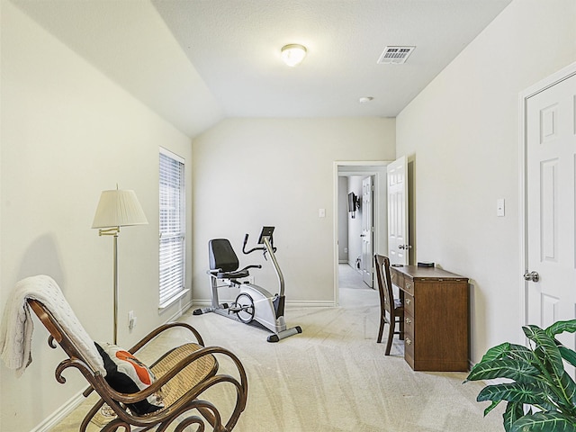 exercise area with vaulted ceiling, carpet flooring, baseboards, and visible vents