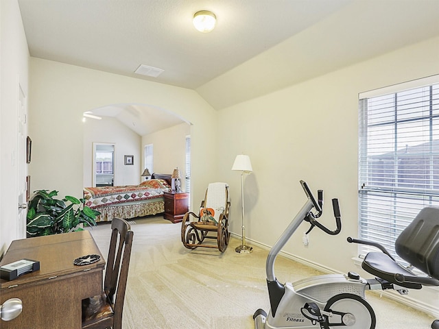 exercise room featuring baseboards, carpet floors, visible vents, arched walkways, and vaulted ceiling