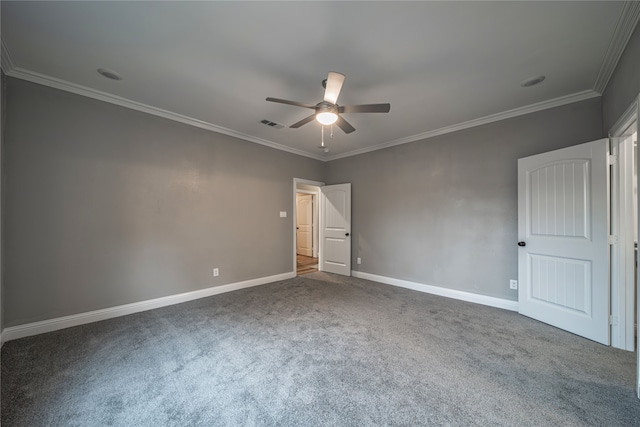 unfurnished bedroom featuring ceiling fan, ornamental molding, and carpet floors